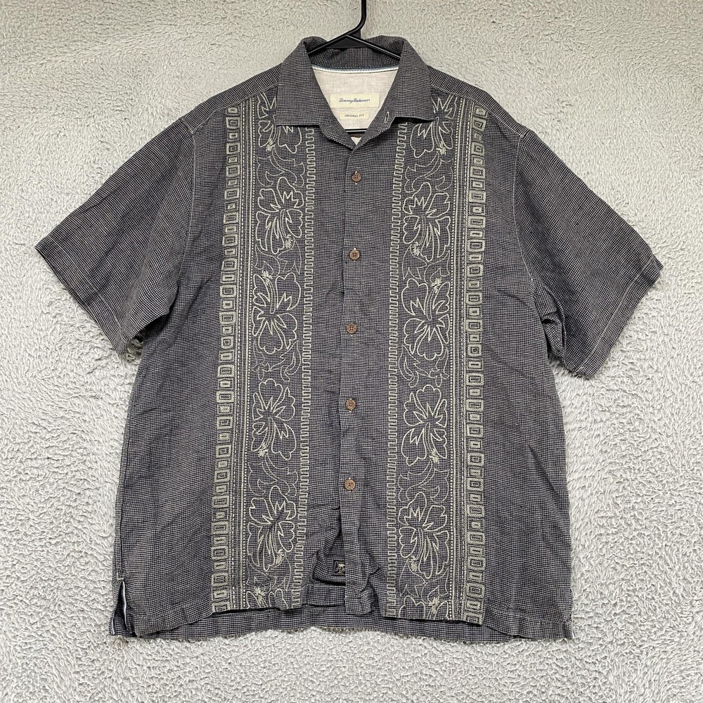 Tommy Bahama Embroidered Shirt Mens Large Gray Linen Short Sleeve Button Up